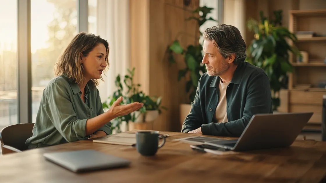 Two colleagues talking with ease during a meeting in a sunlit office