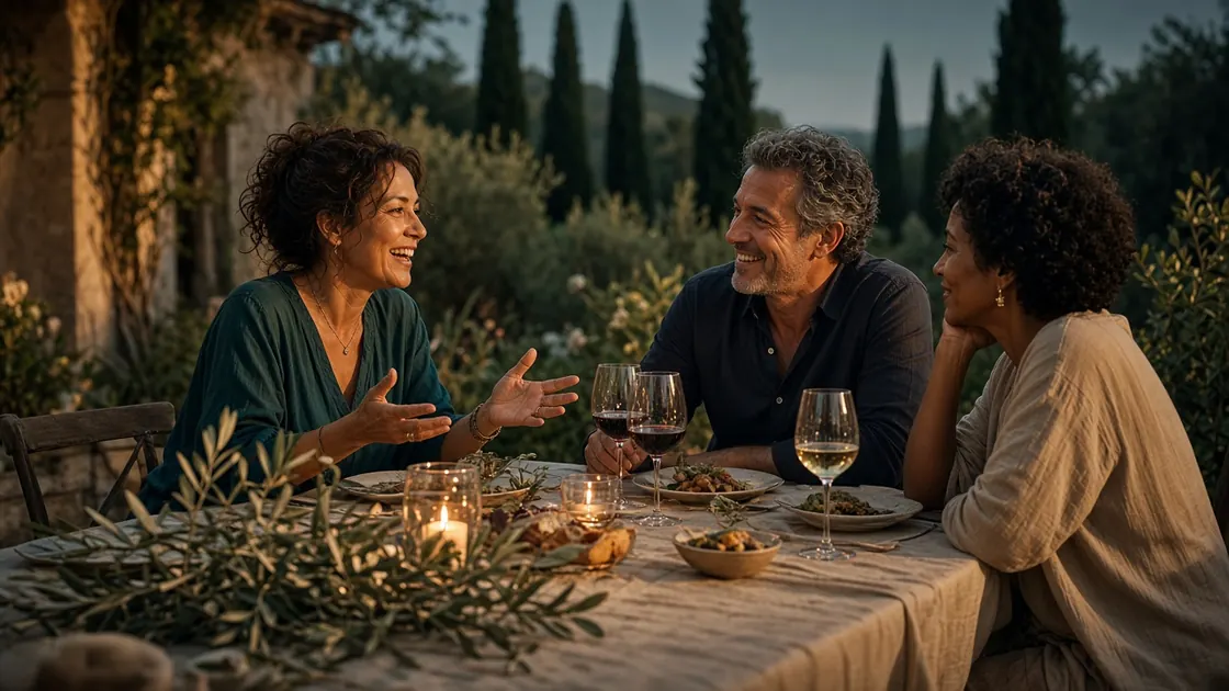 Friends talking and laughing together around an outdoor dinner table at dusk