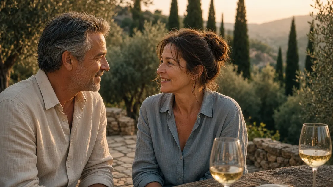 A couple talking together on a terrace at sunset